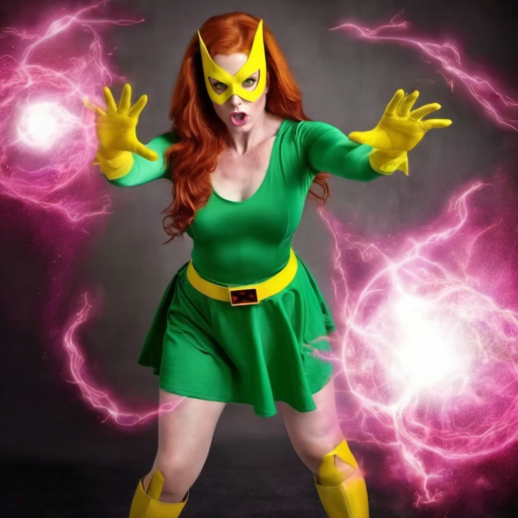 HDR photo of a full body redhead woman wears a green dress and a yellow mask and yellow highboots, powerfull superhero, casting a powerfull spell, dramatic pink ball energy from hands  <lora:MarvelGirl1024:0.8> . High dynamic range, vivid, rich details, clear shadows and highlights, realistic, intense, enhanced contrast, highly detailed