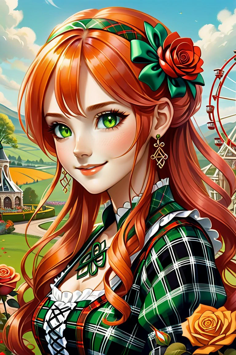 score_9, score_8_up, score_7_up, score_6_up, score_5_up, score_4_up, 1girl, solo, long hair, looking at viewer, hair ornament, green eyes, dress, ribbon, plaid jacket, celtic heritage, wild irish rose, hair between eyes, bare shoulders, jewelry, closed mouth, smile, makeup, lipstick, eyeliner, hair ribbon, upper body, ponytail, flower, sidelocks, hairband, earrings, detached sleeves, orange hair, red hair, multicolored hair, hair flower, tartan dress, plaid ribbon, gold flower, outdoors, celtic theme, roses, ferris wheel, farmland, red flower, crossed bangs