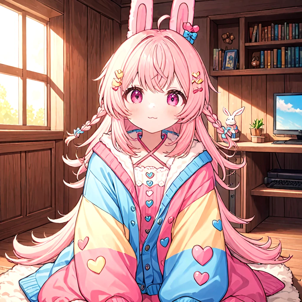 pippa, :3 rabbit ears, bangs, closed mouth, rabbit girl, sleeves past wrists, solo, twin braids, virtual youtuber, ahoge, pink eyes, 
pipi hairclip, heart hairclip, bow hairclip, bunny hairclip, red bow hairclip, tiny heart hairclip,
((oversized sweater, indoors, computer, sitting))
(((best quality, ultra-detailed, shading, sharpness, volumetric lighting, cowboy shot)))
 <lora:PIPPA-XL-t9-000001:0.6>