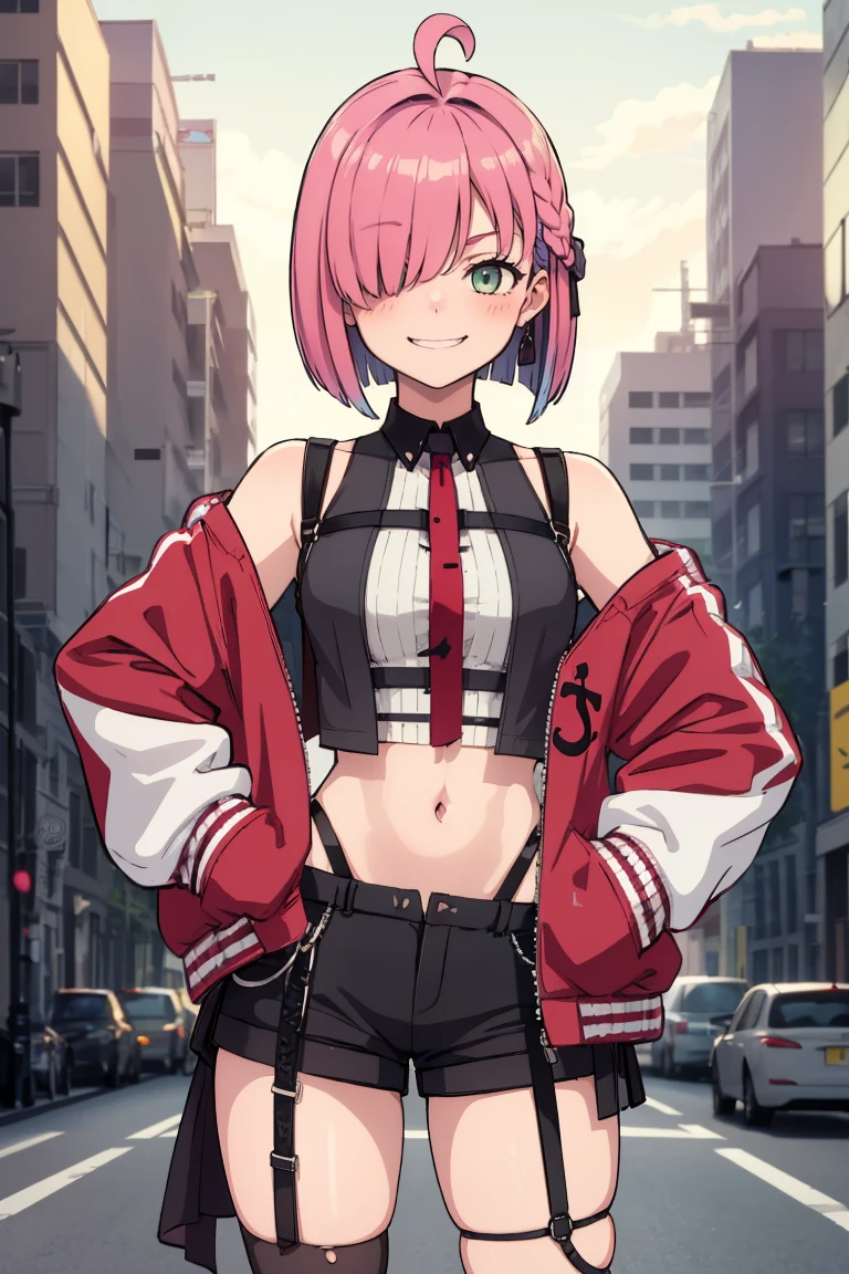 masterpiece, best quality, absurdres, 1girl, solo, LunaStreetwear, short hair, hair over one eye, sleeveless shirt, crop top, red necktie, arm strap, black shorts, highleg, black gloves, garter straps, torn thighhighs, jacket, outdoors, city scene, hands on hips, smug, smirk, <lora:HimemoriLuna:1>