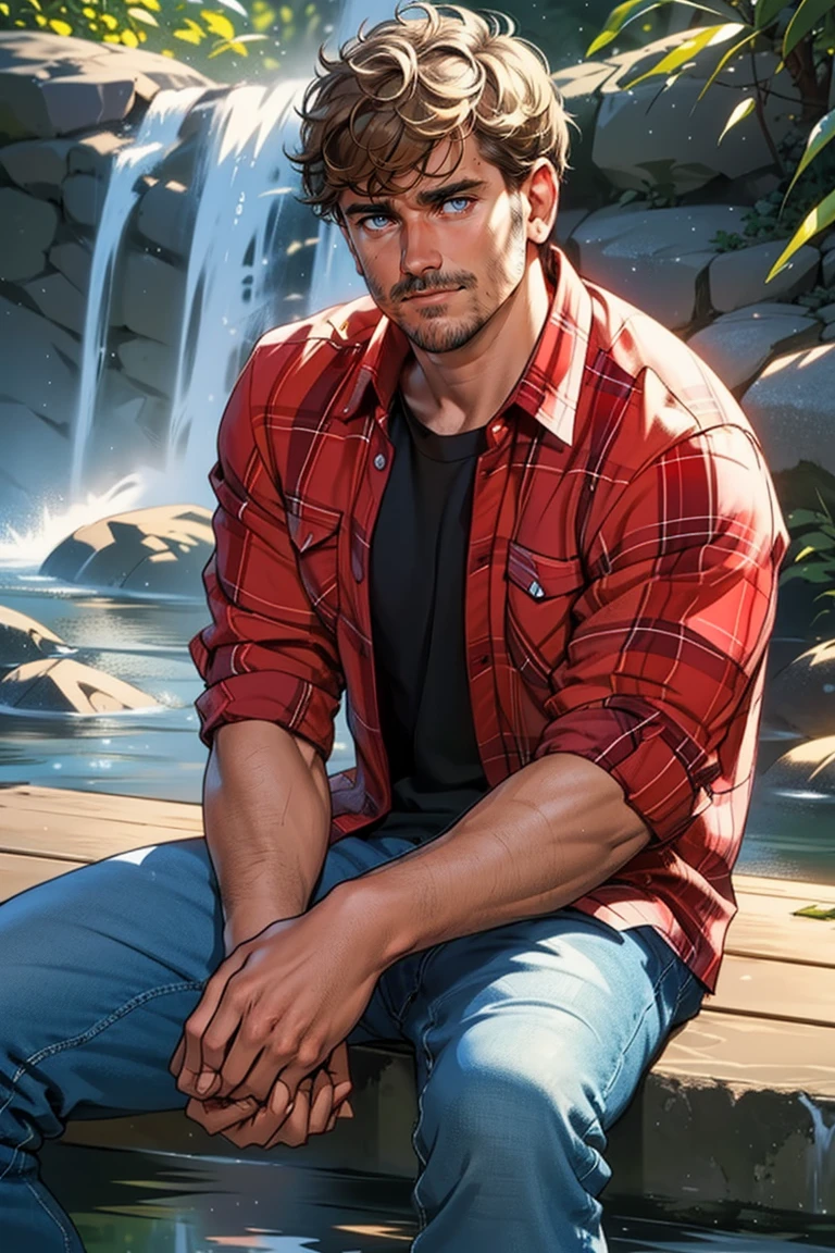 (masterpiece, best quality:1.2), man, smirk, (depth of field:1.1), , photo of person, plaid shirt, denin pants, stubble,sitting, waterfall, masterpiece, perfect face, perfect picture, detailed eyes, sharp focus, muscular<lora:EMS-3262-EMS:0.600000>, <lora:EMS-339119-EMS:1.000000>