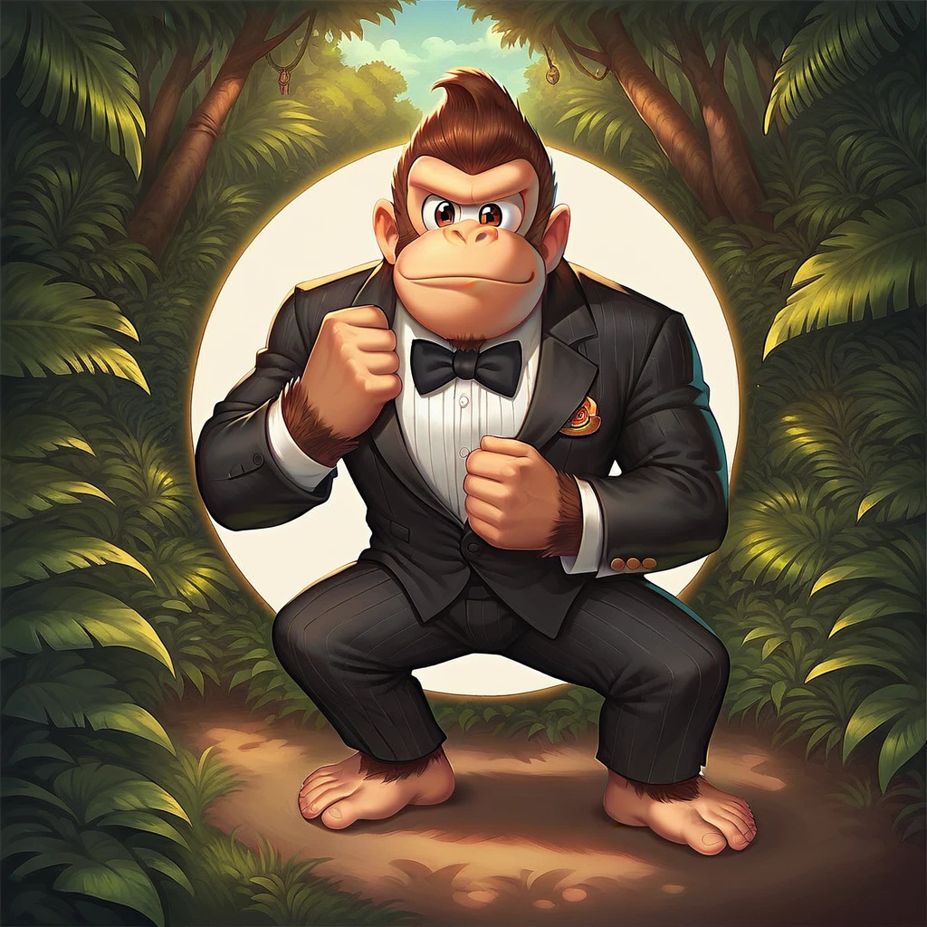 score_9, score_8_up, score_7_up, masterpiece, detailed face, 2d,  anime, (a photo of Kong), ape, tuxedo, jungle background, cute face, full body, perfect eyes,