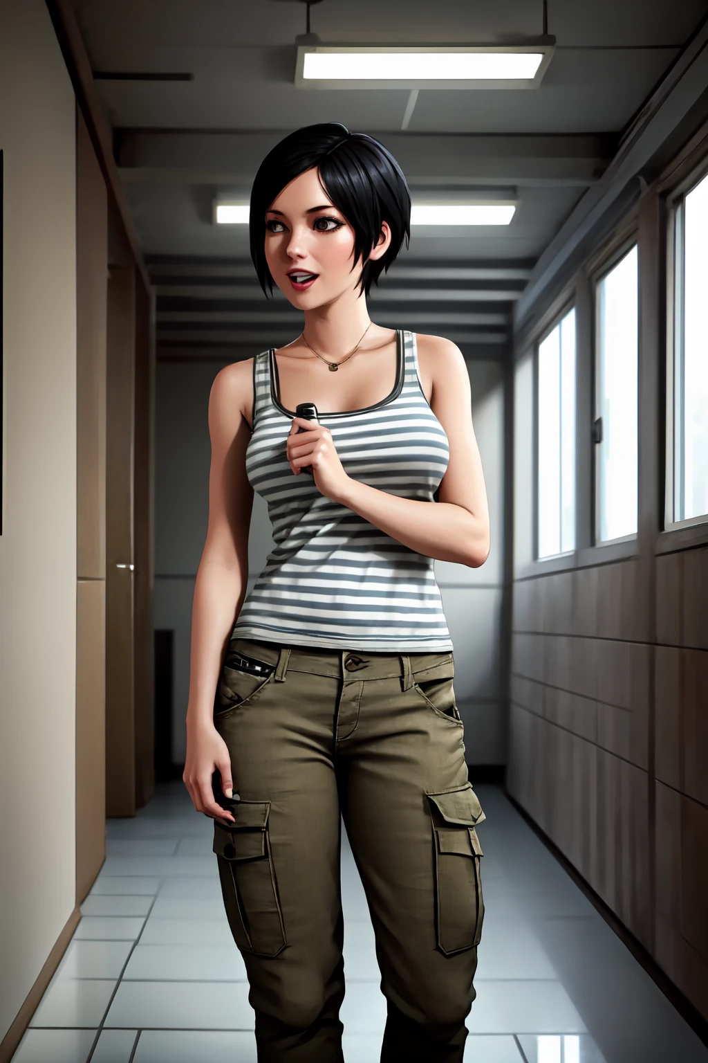 masterpiece,best quality,absurdres,1girl,annametro,<lora:AnnaMetro15:0.9>,standing,happy,:d,tank top,striped,in bunker,indoors,crossed arms,straight on,front shot,black hair,pants