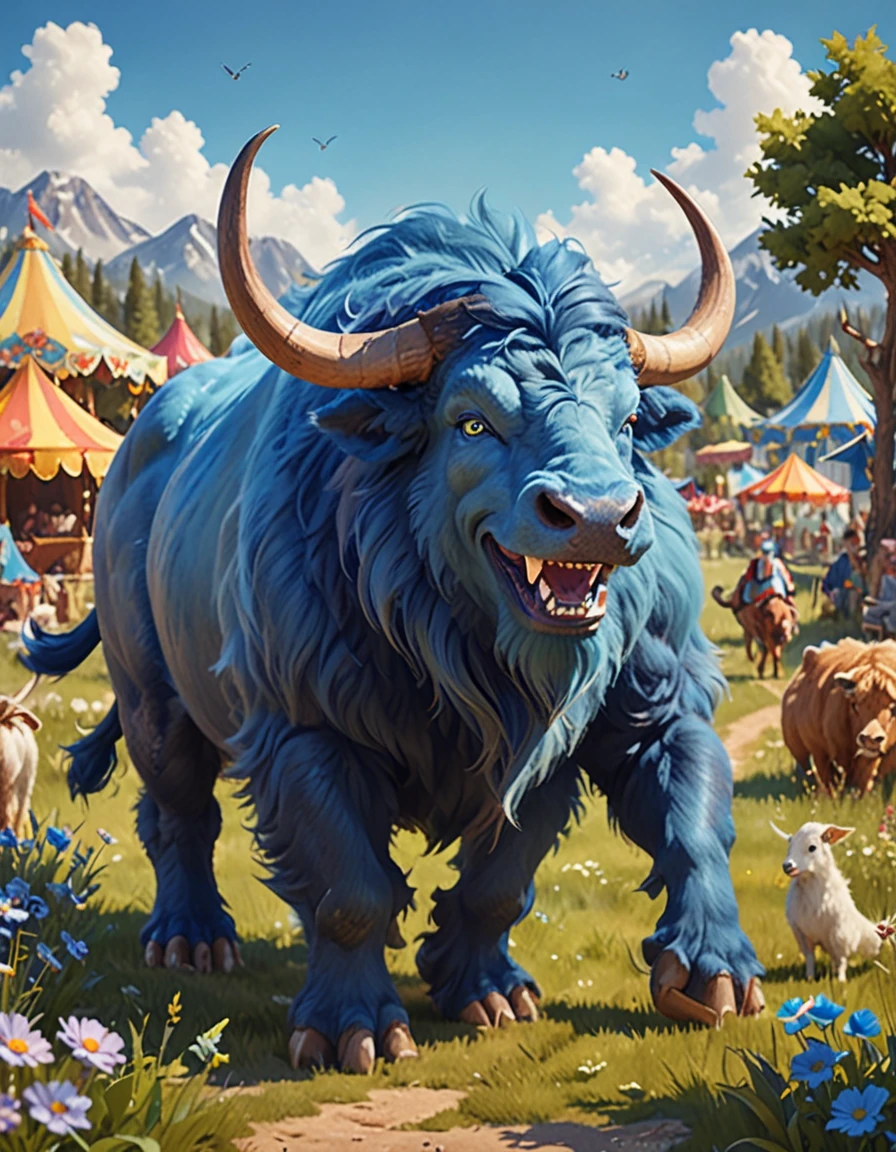 an illustration of a giant blue six legged beast with head resembling a bull, thick fluffy fur walking across a peaceful fantasy meadow digital art concept art, village fairground, laughter and merriment, colorful tents, games and attractions, delicious treats <lora:happy_dora_notrigger_v42:1>