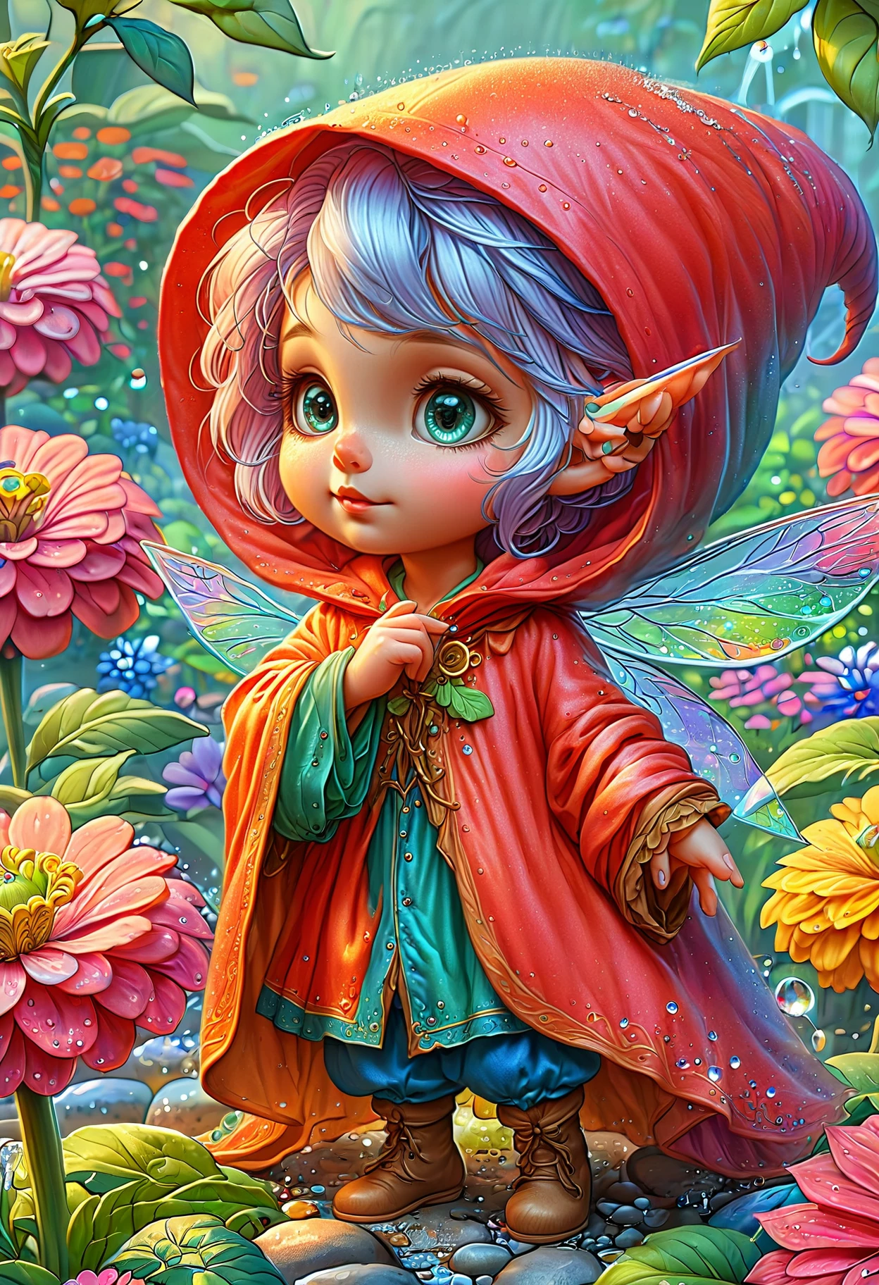 Microfairy, cartoon style, red cloak, blue pants, green hair, dew drop, flower background, (masterpiece, high detail, best quality), sharp,