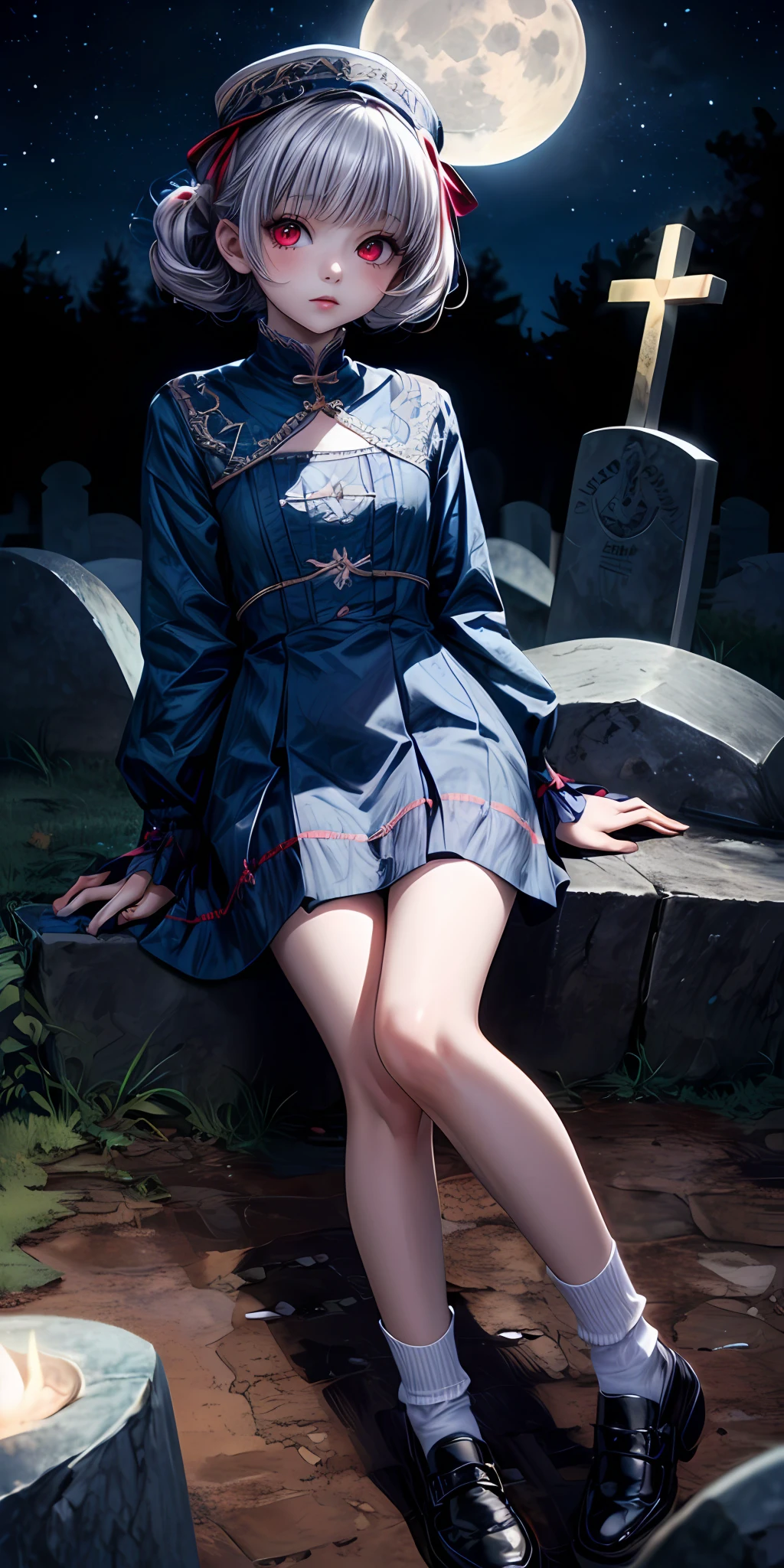 (masterpiece,ultra-detailed,best quality,8K,CG,illustration,shaved:1.0),(petite girl:1.0) <lora:more_details:1>, simple background,
<lora:jyoji fuku v21.0:0.5> jyojifuku, ofuda, ribbon, socks,shoes,graveyard,night,(darkness,no light:1.2),red eyes,sliver hair,moon,blue clothes