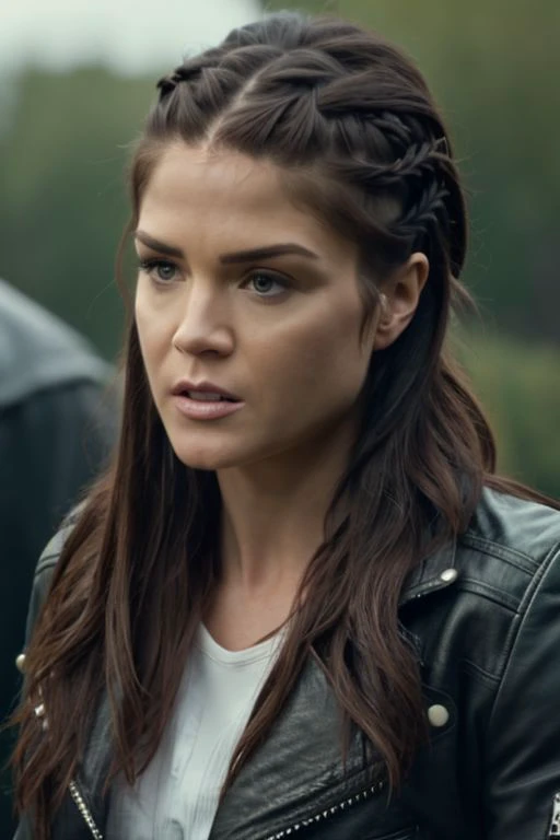 octavia blake,braided hair, leather jacket (8k, RAW photo, best quality, masterpiece:1.2), (realistic, photo-realistic:1.37), best quality, ultra high res, (focus face:1.6), (portrait face:1.3),