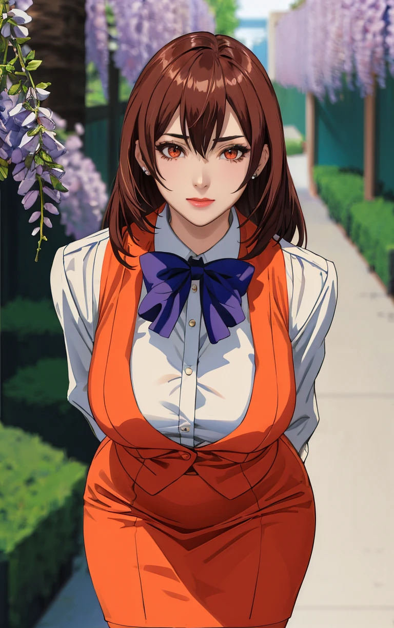 ((masterpiece, best quality)), insaneres, absurdres, solo, looking at viewer, BREAK
OrangeSuit_Lingeries_RenaAsaoka_ownwaifu,
1girl, brown hair, red eyes, long hair, lipstick, earrings, makeup, lips, bangs, hair between eyes, large breasts, shiny hair, 
orange vest, name tag, vest, blue bow, long sleeves, pencil skirt, bowtie, see-through legwear, formal, white shirt, office lady,
(leaning forward, arms behind back), cowboy shot, garden, wisteria, outdoors, <lora:FAP_CHR_Lingeries_RenaAsaoka_ownwaifu:0.85> , depth of field 
,