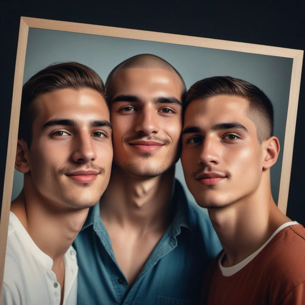 A retro framed Polaroid Photo of three young italians, male only, brothers, 1boy 18yo, shaved  head, full body, closeup, kissing, trimmed pubic hair, perfect half erect fleshy penis, highly detailed, relaxed pose, dramatic lighting, lushill style, digital painting, beautiful, realistic, Art by Daniela Uhlig and Tatiana Suarez ,realistic face shapes, beautiful eyes, smilie, high detail, 8k, vivid colors, highly detailed, UHD drawing, pen and ink, perfect composition, beautifully detailed intricate insanely detailed octane rendering trending on artstation, 8k artistic photography, photorealistic concept art,