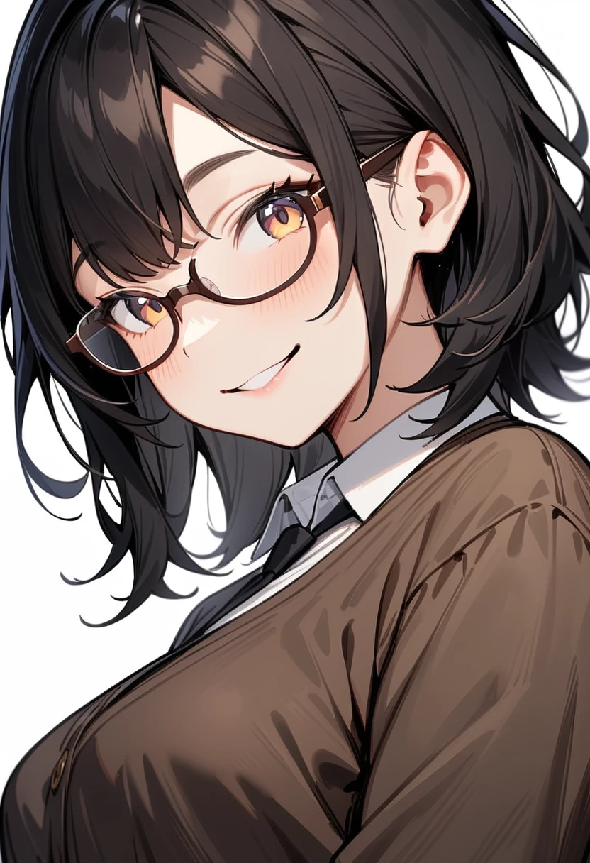 masterpiece, best quality, very aesthetic, absurdres,
1girl, solo, underrim_cell, glasses, black hair, medium hair, smile, looking at viewer, white background, upper body, collared shirt, brown_framed eyewear, 
 <lora:under_rim_glasses_cell-frame_SDXL_V1:0.4>