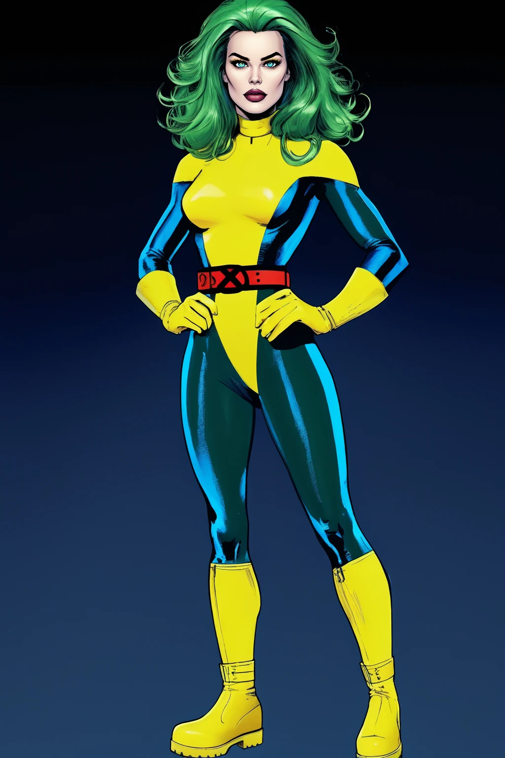 xmblzxl, 1girl, blue eyes, solo, green hair, long hair, yellow footwear, gloves, boots, bodysuit, belt, two tone bodysuit, yellow bodysuit, blue bodysuit, outdoors, fashion pose, comic book art, retro art style, masterpiece, best quality, very aesthetic, absurdres, <lora:XmenBlueOutfit:1>