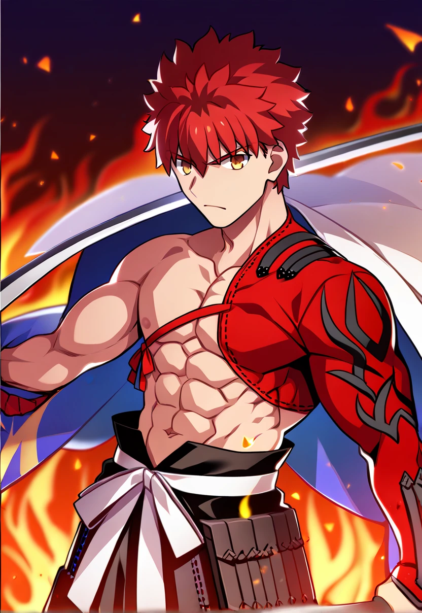 2boys, male focus, muscular male, best quality, amazing quality, best aesthetic, absurdres, official style, year 2023, game cg,  <lora:SenjiMuramasaFATEPONY:1> senji_muramasa_(fate), red hair, yellow eyes, igote, holding sword, katana, abs, nipples, navel, burning katana, unlimited blade works \(fate\), fire, serious,