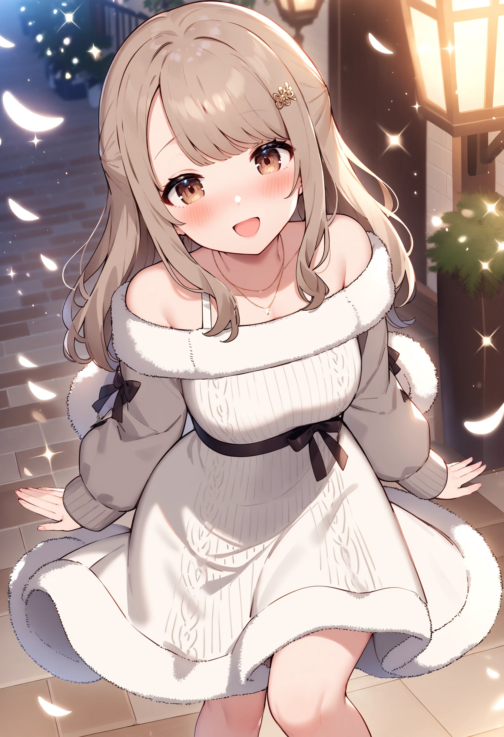 <lora:Animagine_Style5726786029:0.8>, 1girl, solo, bangs, blush, looking at viewer, indoors, outdoors, best quality, :d, brown eyes, dress, falling petals, feet out of frame, fur trim, hair ornament, hairclip, jewelry, light blush, light brown hair, necklace, off-shoulder sweater, ribbon, sleeveless, sleeveless dress, smile, sparkle, standing, white dress