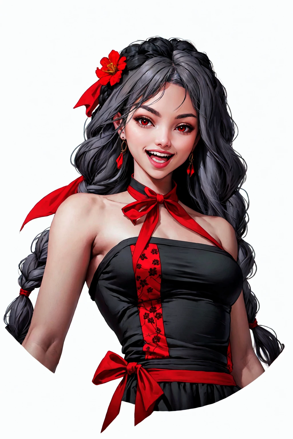 masterpiece, best quality, official art, nikkeearth_style, white background, medium breasts, flower, braid, floral print, red eyes, open mouth, simple background, bare shoulders, looking at viewer, sleeveless, black dress, id card, solo, dress, smile, grey hair, red ribbon, long hair, upper body, teeth, black hair, hair rings, ribbon, from below, 1girl, <lora:GoddessofNikke_EarthSD15:0.8>