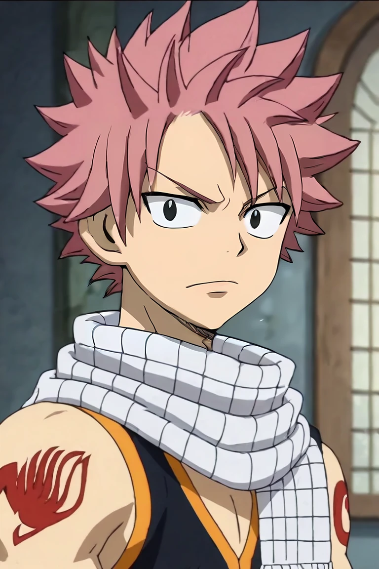 score_9, score_8_up, score_7_up, score_6_up, score_5_up, score_4_up, BREAK source_anime, anime screencap, anime coloring, official style, looking at viewer, upper body, , 1boy, solo, male focus, <lora:natsu_dragneel_pony:0.98>, natsu_dragneel, pink hair, black eyes, spiked hair, tattoo, scarf, parka, tam, world war 1, , <lora:sdxl_lightning_8step_lora:1>