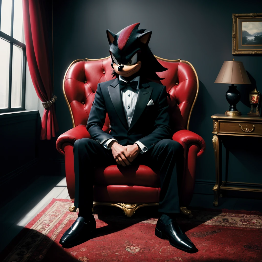 sfw, masterpiece, best quality,absurderes,raw photo,cinematic shot,photorealistic,shadow the hedgehog,1boy,solo,tuxedo,sitting,chair,indoors,<lora:ShadowHedgehog:0.6>