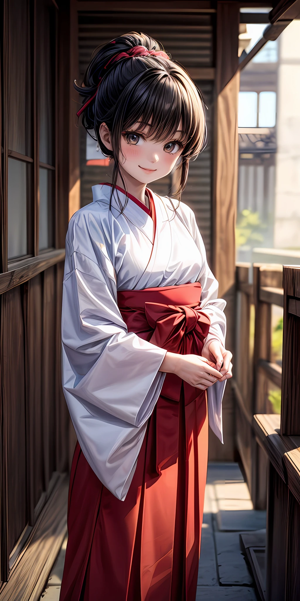 (masterpiece,ultra-detailed,best quality,8K,CG,illustration,shaved:1.0),(petite girl:1.0) <lora:more_details:1>, simple background, smile
<lora:miko v1.0:0.5> jyojifuku, miko,temple,tabi,cherry blossom,outdoor