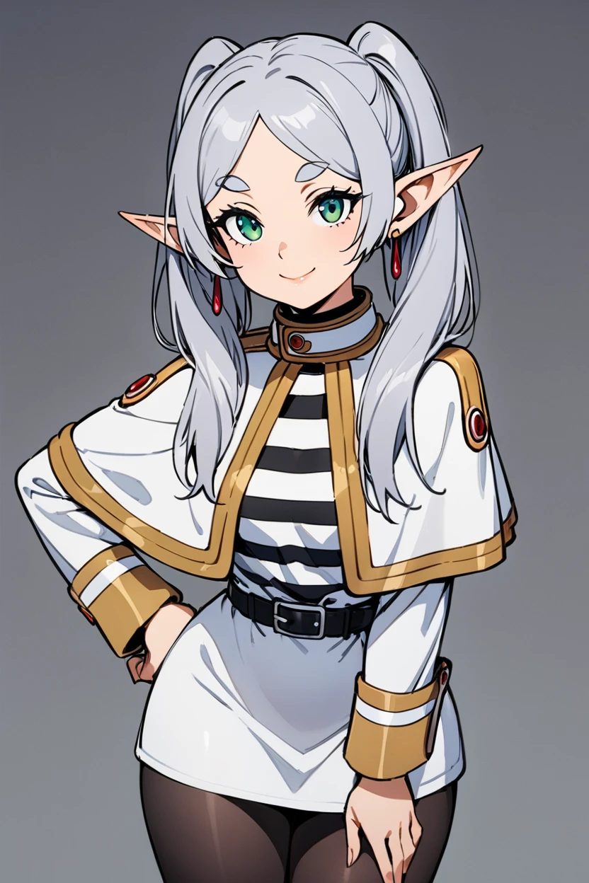 ((masterpiece,best quality)), highres, cute, curvy, eyelashes, leaning forward, upper body, frieren, 1girl, solo, long hair, looking at viewer, smile, bangs, long sleeves, dress, twintails, jewelry, closed mouth, green eyes, grey hair, pantyhose, cowboy shot, earrings, pointy ears, striped, belt, hand on hip, black pantyhose, capelet, thick eyebrows, elf, black belt, white capelet
