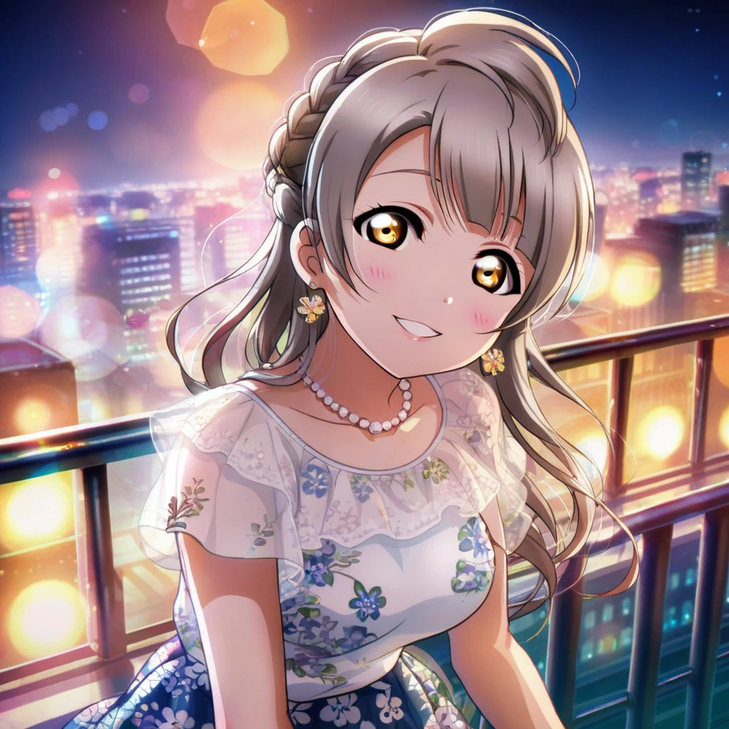 minami kotori, love live!, gray hair, amber eyes, long hair, medium breasts, detailed background, jewelry, earrings, bracelet, looking at viewer, smile, shirt, night, white shirt, skirt, necklace, blush, braid, short sleeves, city lights, blue skirt, parted lips, floral print, bangs, print skirt, see-through, collarbone, upper body, shiny hair, shiny, sky, outdoors, night sky, pearl bracelet, grin, cityscape, city, lens flare, building, railing, beads
BREAK
score_9, score_8_up, score_7_up, score_6_up, source_anime <lora:LLChar_Pony-000020:0.8>