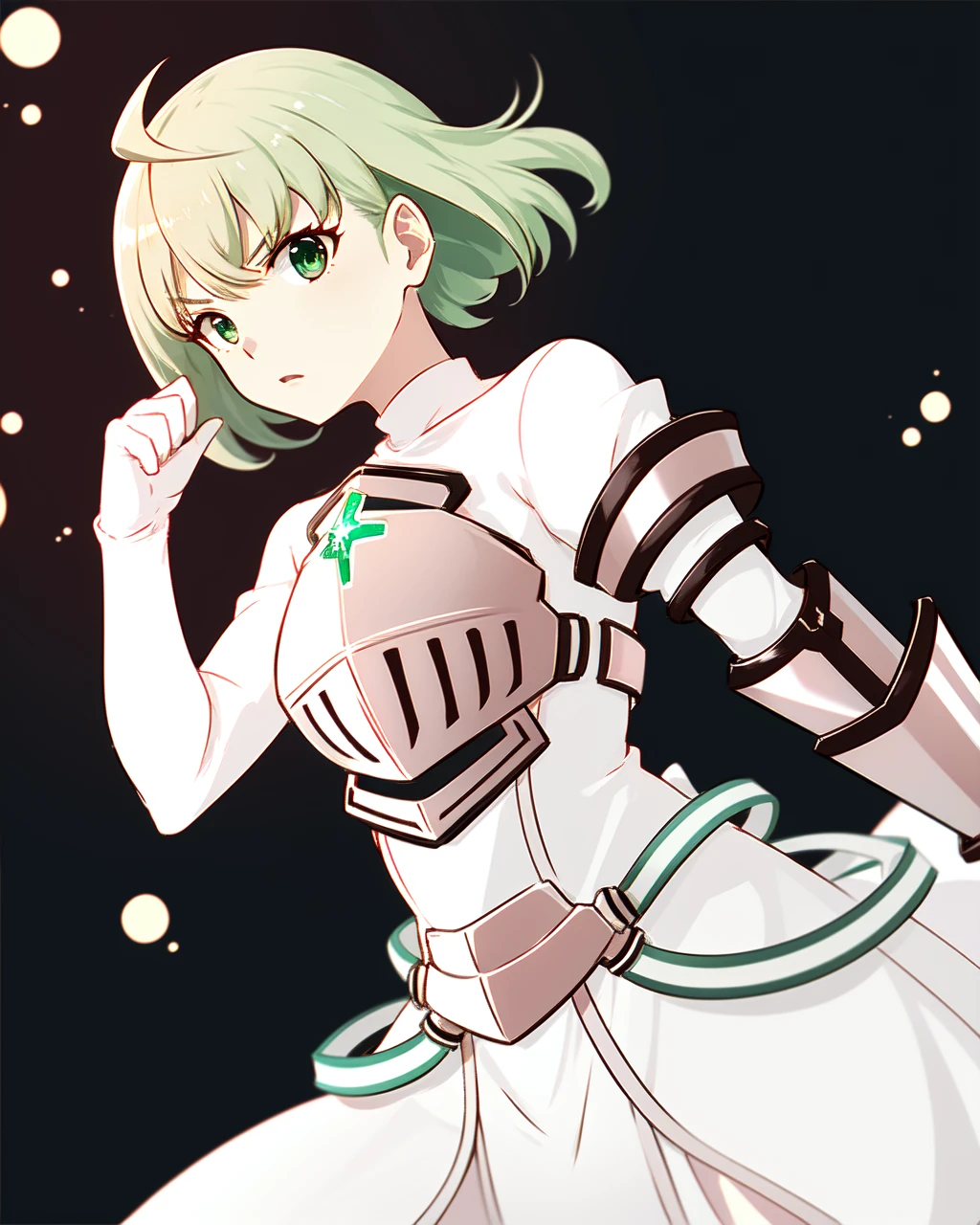 masterpiece, high quality, medium shot, upper body, 1girl, pmmmtart, standing, dynamic pose, blonde hair, short hair, ahoge, green eyes, pink breastplate, green gem on chest, pink dress, pink armor, white belt, light smile,  <lora:pmmmtart-000008:0.8>