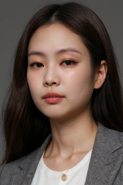 masterpiece, best quality, ultra-detailed, ultra high res, (photorealistic:1.4), raw photo, (realistic:0.2), 8k HDR, realistic lighting, 1girl, solo, asian, asymmetrical hair, (detailed pores), (detailed skin textures), (detailed face), (simple gray background :1.2), (upper body:1.2), black suits, close up,