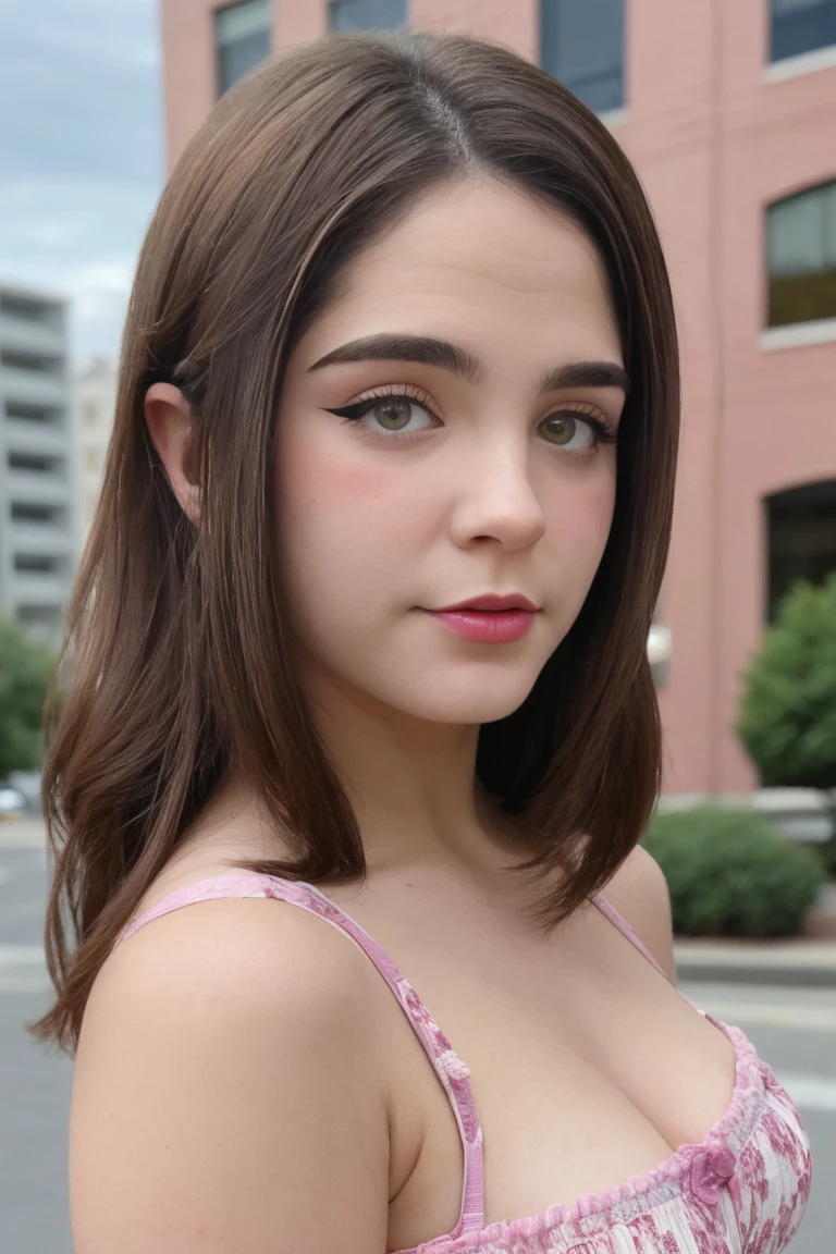 a picture of st4ryuuki15 woman,mid-twenty, brunette hair,detailed skin, surface scattering, bokeh, skin pores,  city streets,wearing a dress,outdoors, looking at viewer , hazel eyes <lora:st4ryuuki15 (6):1>