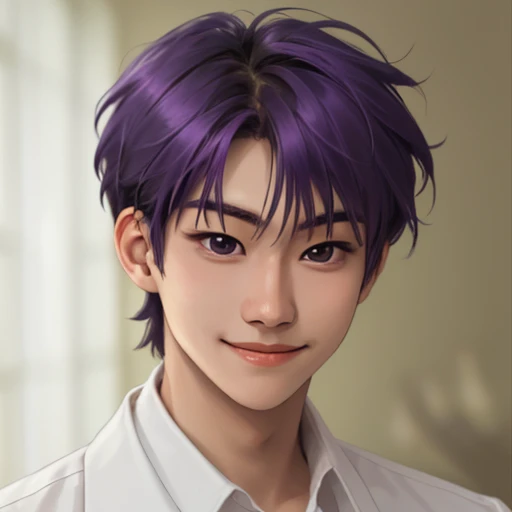 1boy, solo, hwatemp, portrait,( focus on face:1.2), male focus, looking at the viewer, early twenties, purple hair. BREAK,
(black eyes:1.2), BREAK,
short hair, blurred background, shy smile, formal, bedroom, <lora:Hwarang_TEMPEST:1>