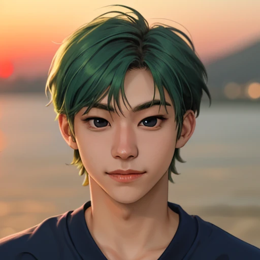 1boy, solo, hwatemp, portrait,( focus on face:1.2), male focus, looking at the viewer, early twenties, green hair. BREAK,
(black eyes:1.2), BREAK,
short hair, blurred background, happy, sweatshirt, sunset, <lora:Hwarang_TEMPEST:1>