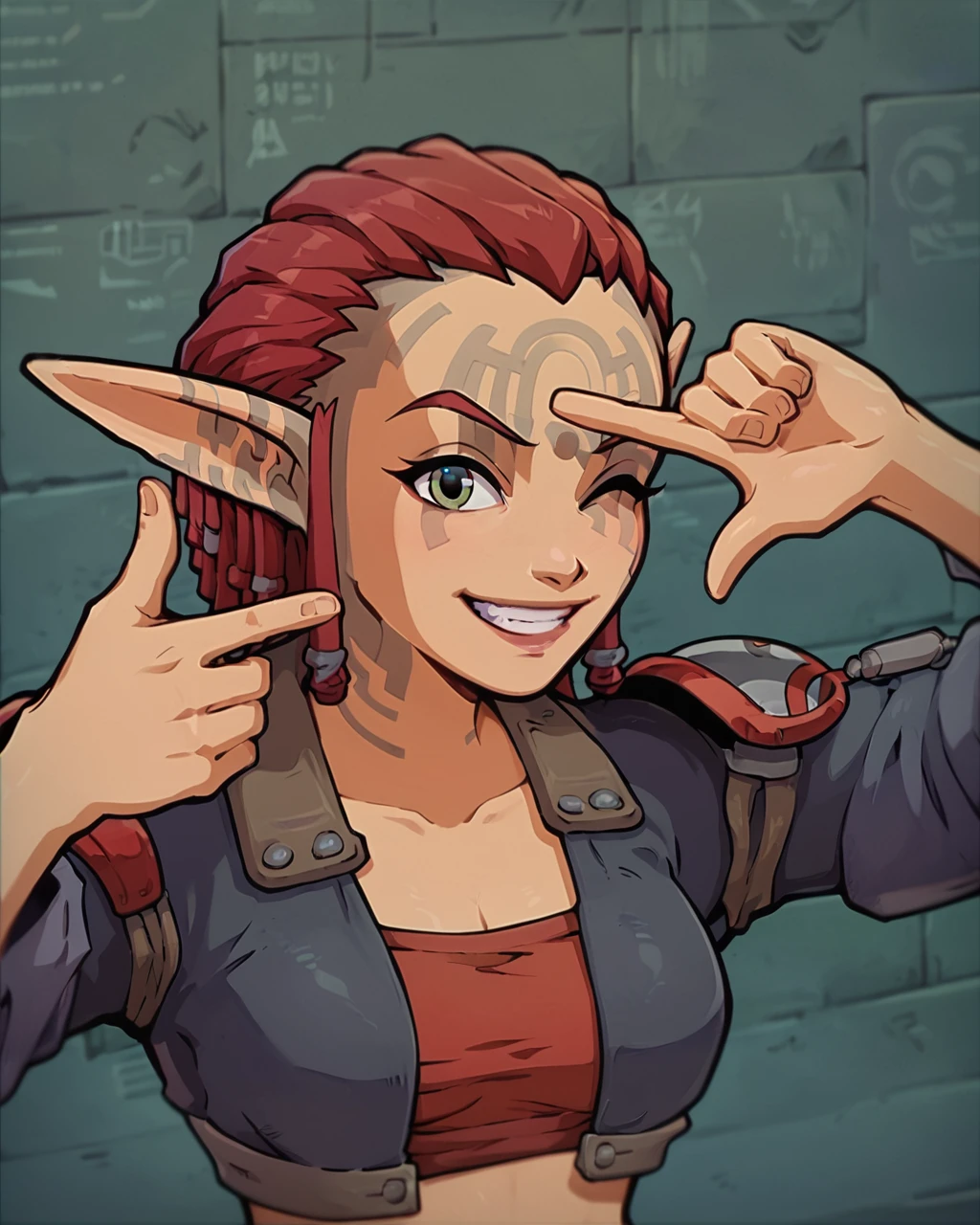 score_9, score_8_up, score_7_up,zPDXL,Akaburstyle, 1girl,solo, Ashelin Praxis, metal wall background<lora:AkaburV2_PDXL:0.95>finger frame, one eye closed, smile <lora:finger_frame_xlpony_240406:1>