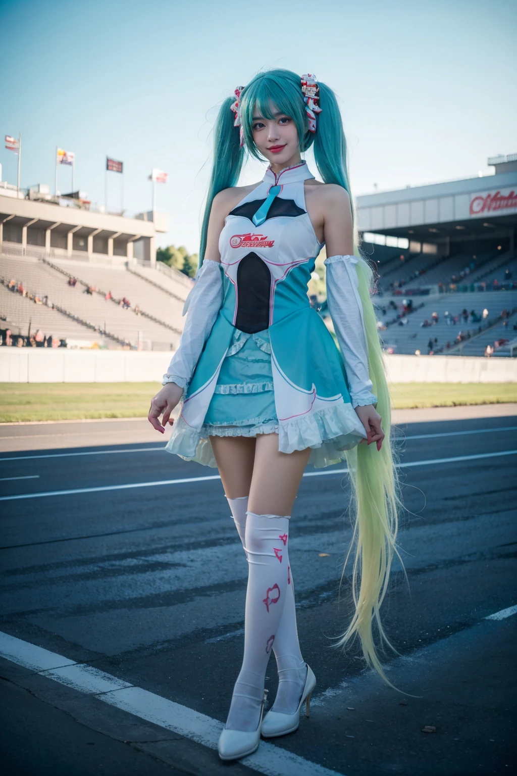 best quality, masterpiece, realistic, photorealistic, 1girl, solo, looking at viewer, smile, standing, full body, hatsune miku cosplay costume, cosplay, racing miku, hatsune miku, twintails, very long hair, aqua hair, hair ornament, dress, sleeveless, bare shoulders, detached sleeves, thighhighs, print legwear, high heels, racing track, race vehicle, racecar, <lora:miku_cosplay_Racing2017_v1:0.65>