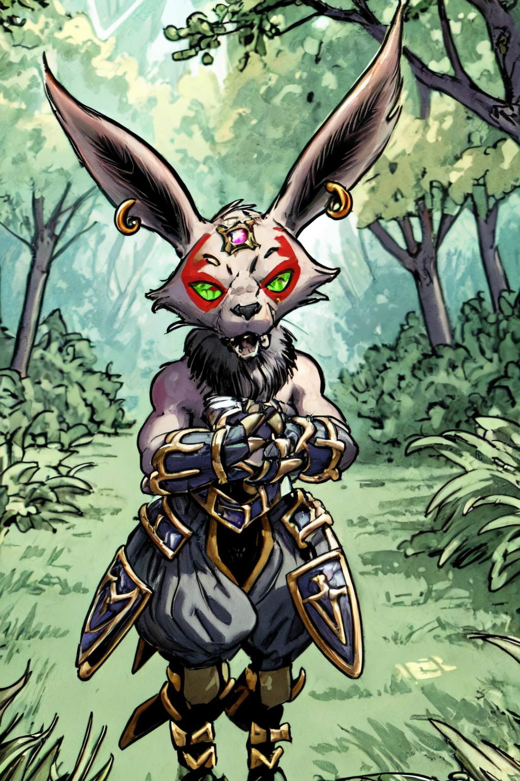 high detail skin, high detail eyes, high detail hair, highres, ultra detailed, sharpen picture, Highly detailed, masterpiece, best quality, photorealistic,
 <lora:ZarakLora:1>1boy, furry, long pointy ears, armor, no humans, gauntlets, jewelry on forehead, claws, black pants, red facepaint, green eyes, earrings, walking in a park