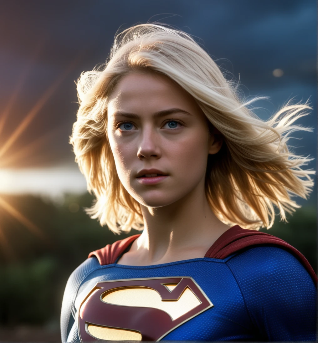 (Raw, Analog portrait photo of Kara Zor El), sci-fi superhero style, detailed face, teen, messy hair, (light blonde hair:1.2), heroic, ultra realist colors, very intricate details, focus, full frame image, award winning, highly detail eyes, hd, 16k, natural illumination, real hair movement, (best quality:1.4), (Supergirl, wearing Supergirl-suit, cape), outdoor, realistic, (pixar:-1) (painting:-1) (render:-1) sharp focus, hdr, sunset, god rays, backlight, professional photo shot with Hasselblad 501c