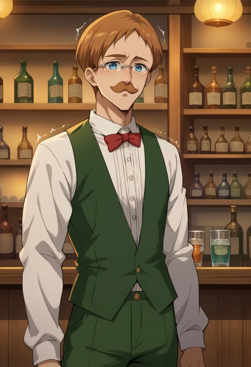 score_9, score_8_up, score_7_up, source_anime, 1boy, solo, Escanor, skinny, short hair, brown hair, mustache, blue eyes, glasses, white shirt, red bow, green vest, long sleeves, white sleeves, green pants, indoors, bar, shaking, <lora:ChamEscanorPonyXL:1>