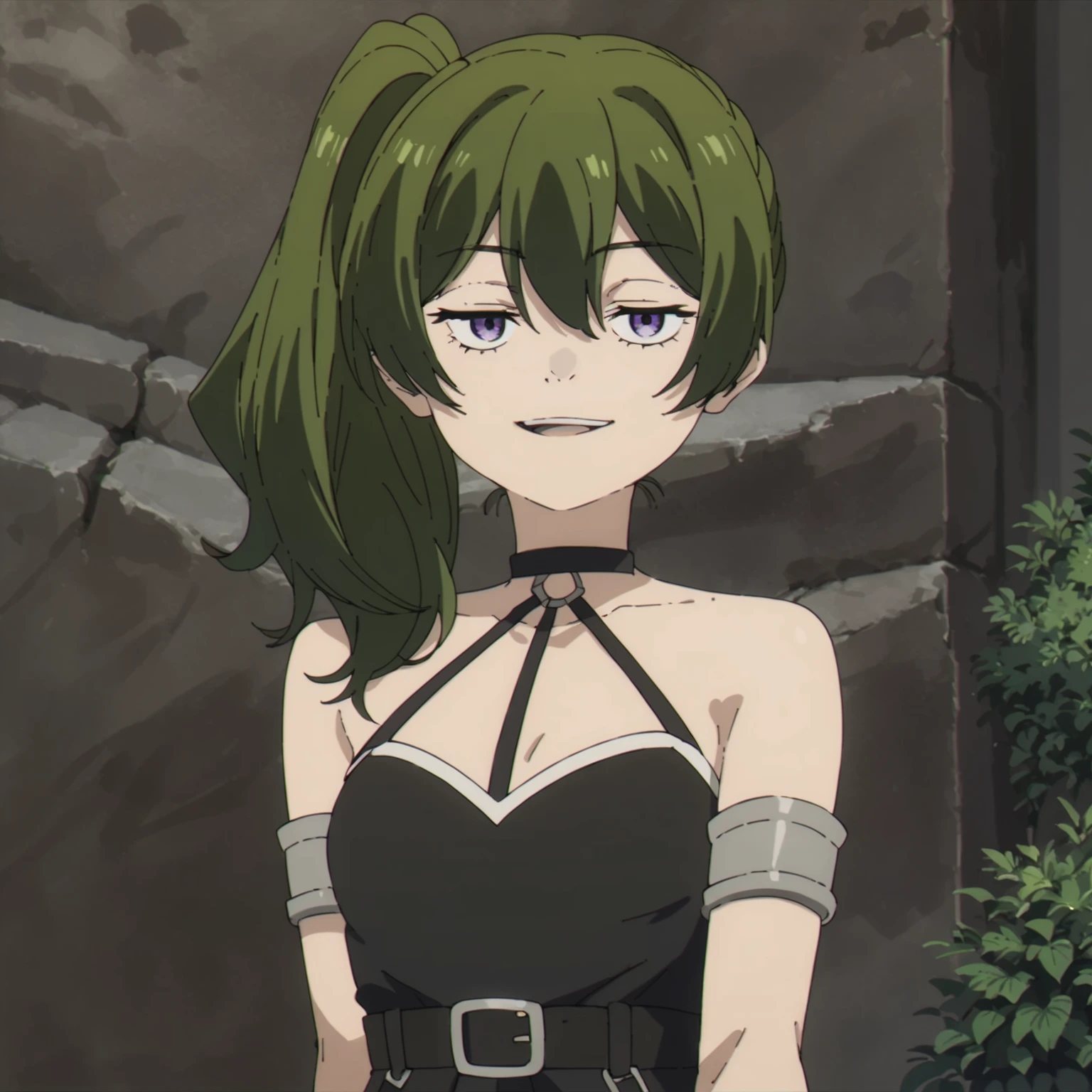 <lora:UbelXLpony006>,looking at viewer,smirk,open mouth,
solo,
source_anime,score_9,score_8_up,
Ubel,1girl,green hair,Side ponytail,purple eyes,
halter black dress,sleeveless,