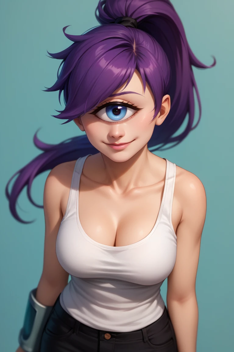 score_9, score_8_up, score_7_up, score_6_up BREAK, 1girl, solo, breasts, <lora:turangaleela-guy-PONYv1:1>, turangaleela, one-eyed, cyclops, ponytail, tank top, cleavage, black pants, portrait, smile, looking at viewer, depth of field, simple background,