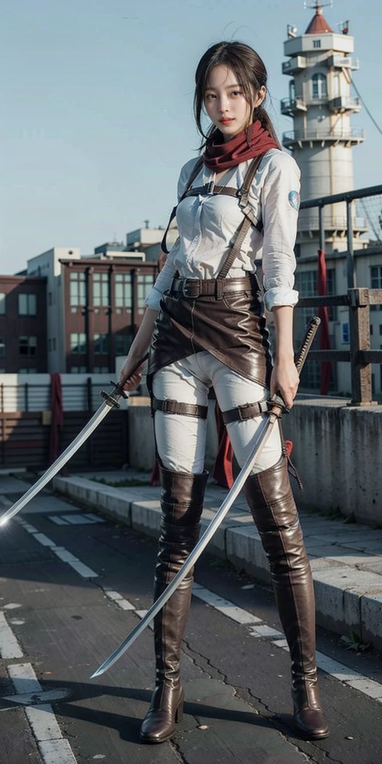 1girl, katana, holding katana, 
survey corps \(emblem\), thigh strap, harness,boots, leather skirt,white pants, white shirt,full body, standing, belt, red scarf, outdoor,

masterpiece, best quality, 8k