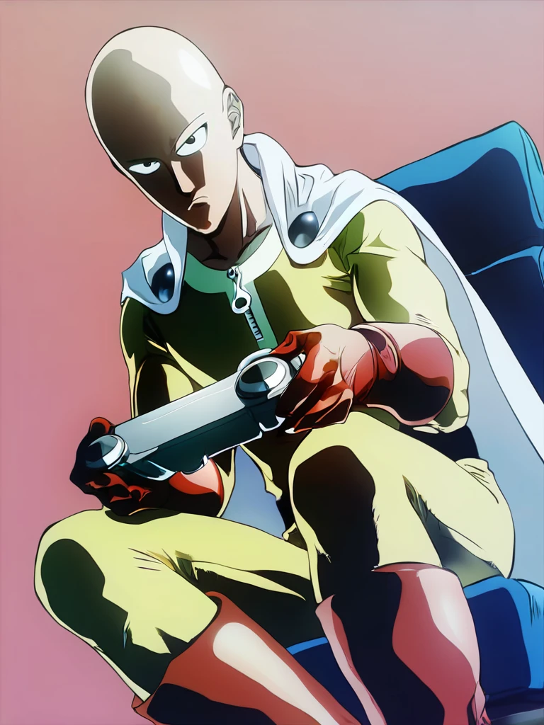 saitama (one-punch man), bald, 1boy, male focus, sitting, red gloves, boots, playing games, white cape, couch, red background, chair, frown, bodysuit, game controller, closed mouth, looking at viewer, zipper,  <lora:saitama:0.8>