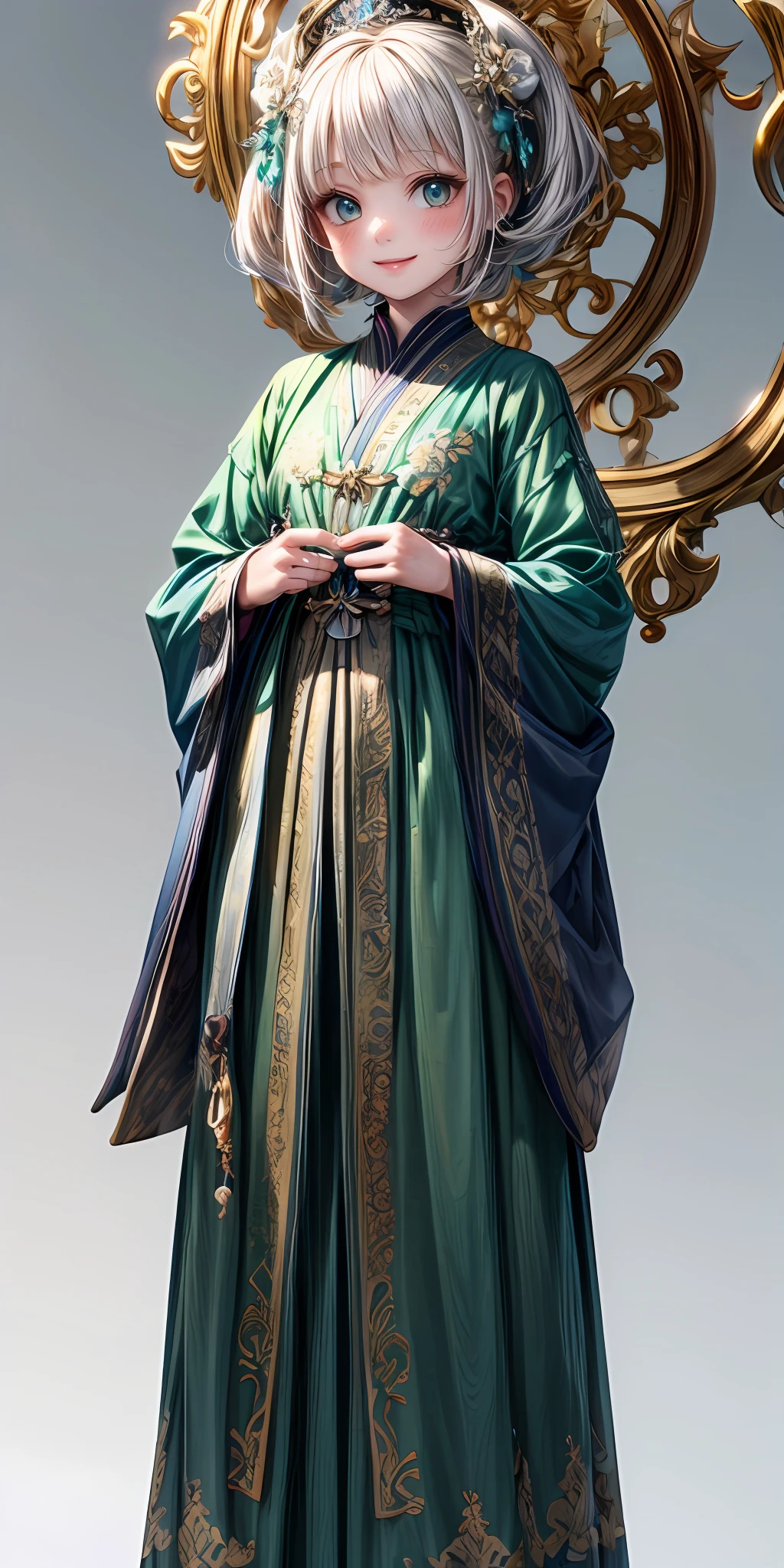 (masterpiece,ultra-detailed,best quality,8K,CG,illustration,shaved:1.0),(ite girl:1.0) <lora:more_details:1>, smile,simple background,
<lora:china dress v1.0:0.5> jyojifuku, hair ornament,green clothes