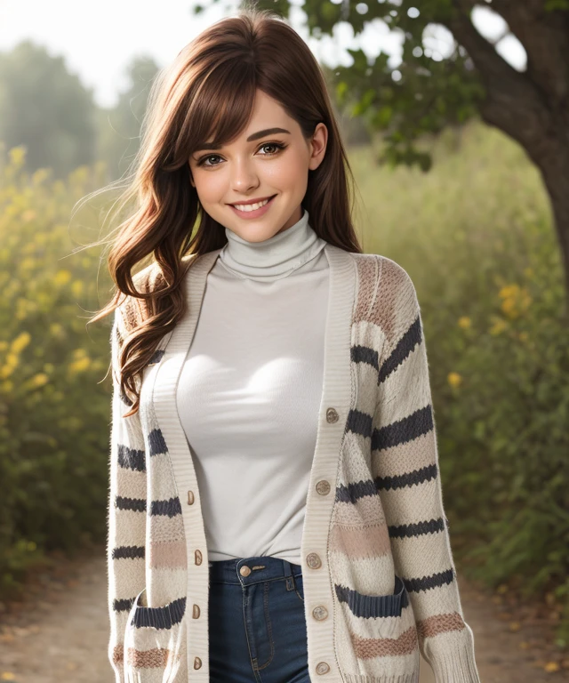 t3sf0w , Ultra-HD, realistic, ((3/4 body)), ((blurred nature, outdoor)), smile, intricate, Striped cardigan, Turtleneck