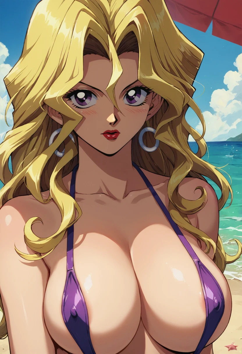 masterpiece,best quality, highly detailed, score_9, score_8_up, score_7_up, score_6_up,source anime,<lora:xl_more_art-full_v1:0.8>,
BREAK
<lora:mai:0.8>mai,1girl, solo,large breasts, earrings, blonde hair, jewelry, purple eyes, breasts, cleavage, lipstick, long hair, looking at viewer,slingshot swimsuit,covered nipples, swimsuit,beach,embarrassed, makeup,official style, red lips, hair between eyes, retro artstyle, collarbone, bangs,