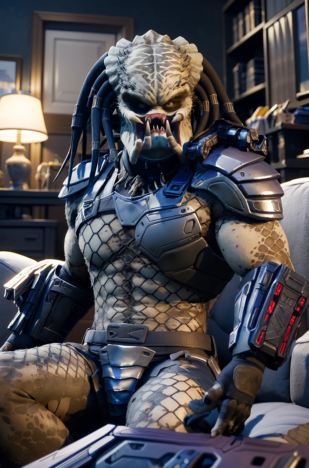 highres,best quality, masterpiece, detailed background,spacecraft, indoors,night
Yautja,predator \(movie\), monster,male,solo, (looking at viewer:1.2),teeth,sharp teeth,armor,gauntlets,couch,five fingers  <lora:Yautjav3:1>