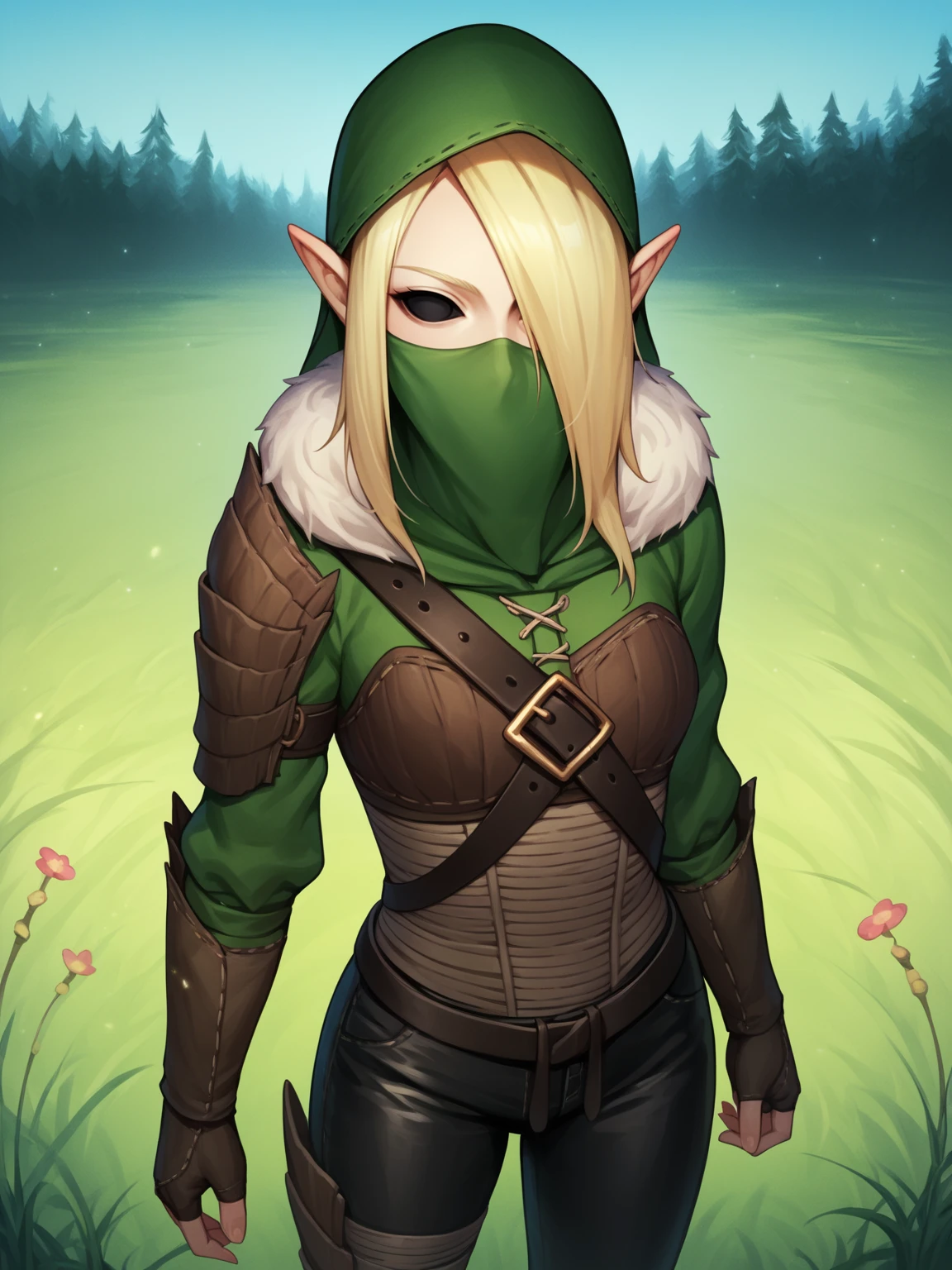 score_9, score_8_up, score_7_up, score_6_up, score_5_up, score_4_up, BREAK, source_anime,
1girl, kerillian, blonde hair, hair over one eye, black eyes, no pupils, black sclera, hood, mask, elf, fur trim, leather pants, armor, pointy ears, fingerless gloves,
looking at viewer, solo, grass, blue sky, meadow background   <lora:KerillianXL:1>