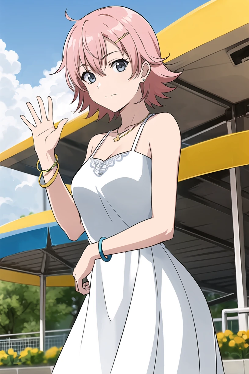best quality,masterpiece,looking at viewer,absurdres,1girl,
depth of field,<lora:012-é£è½®å°å¹´-éå±±éèæV1-000012:0.7>,noyamano mikan,pink hair,short hair,grey eyes,hairclip,hair ornament,dress,white dress,casual dresses,bracelet,amusement_park,outdoors,toll gate,stand,say hello,leaning_forward,arms_up,waving,(ferris wheel:0.8),