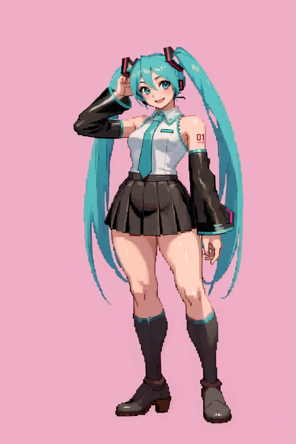 masterpiece, best quality, solo, 1girl, looking at viewer, smile <lora:Cps3-SF3mix_Fp:0.8>, simple background, full body, standing, hatsune miku,