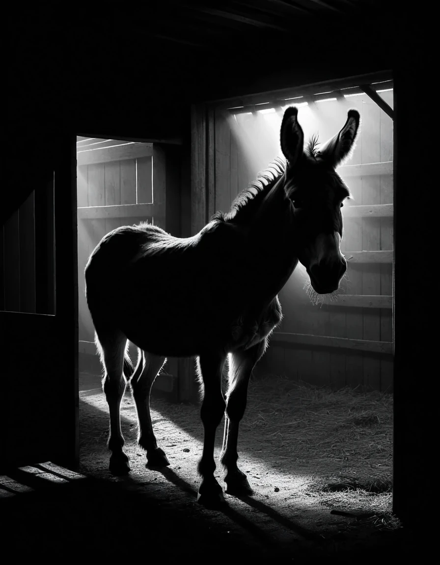 a donkey in a shed, spooky <lora:ral-chrosc-bw:1> ral-chrosc-bw