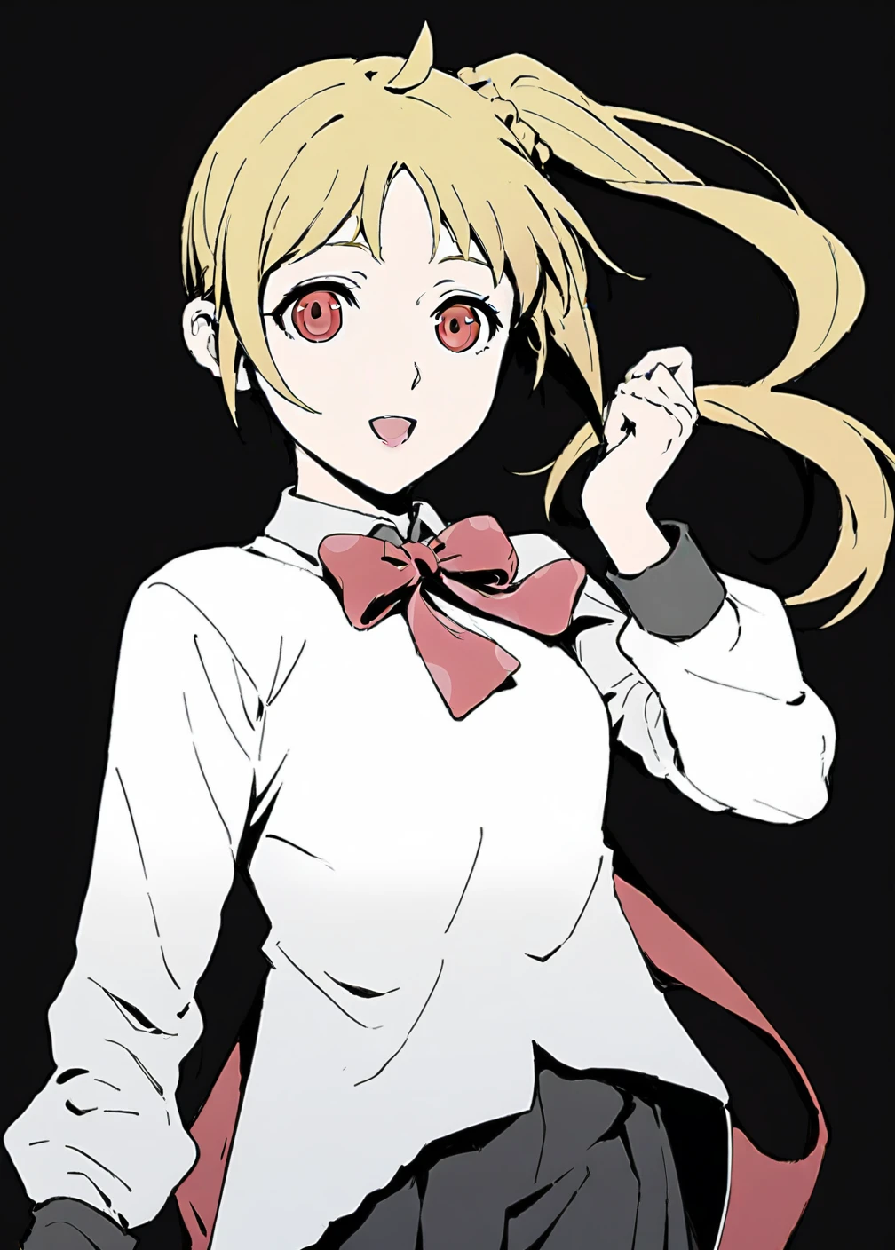 1girl,solo,ijichi nijika,blonde hair, red eyes,red bow,white shirt,side ponytail ,looking at viewer,black background,newest,medium quality,general,masterpiece,   <lora:cytus_ii_v0.3:1>