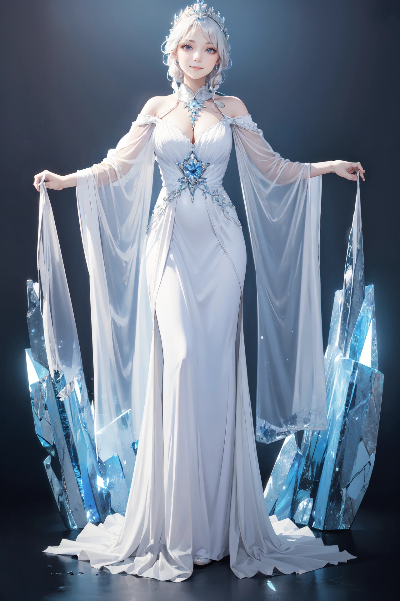 ((best quality, masterpiece, absurbres, super-resolution)) solo, 1girl, ice castle, ice queen, translucent gown, ice crown, wide angle