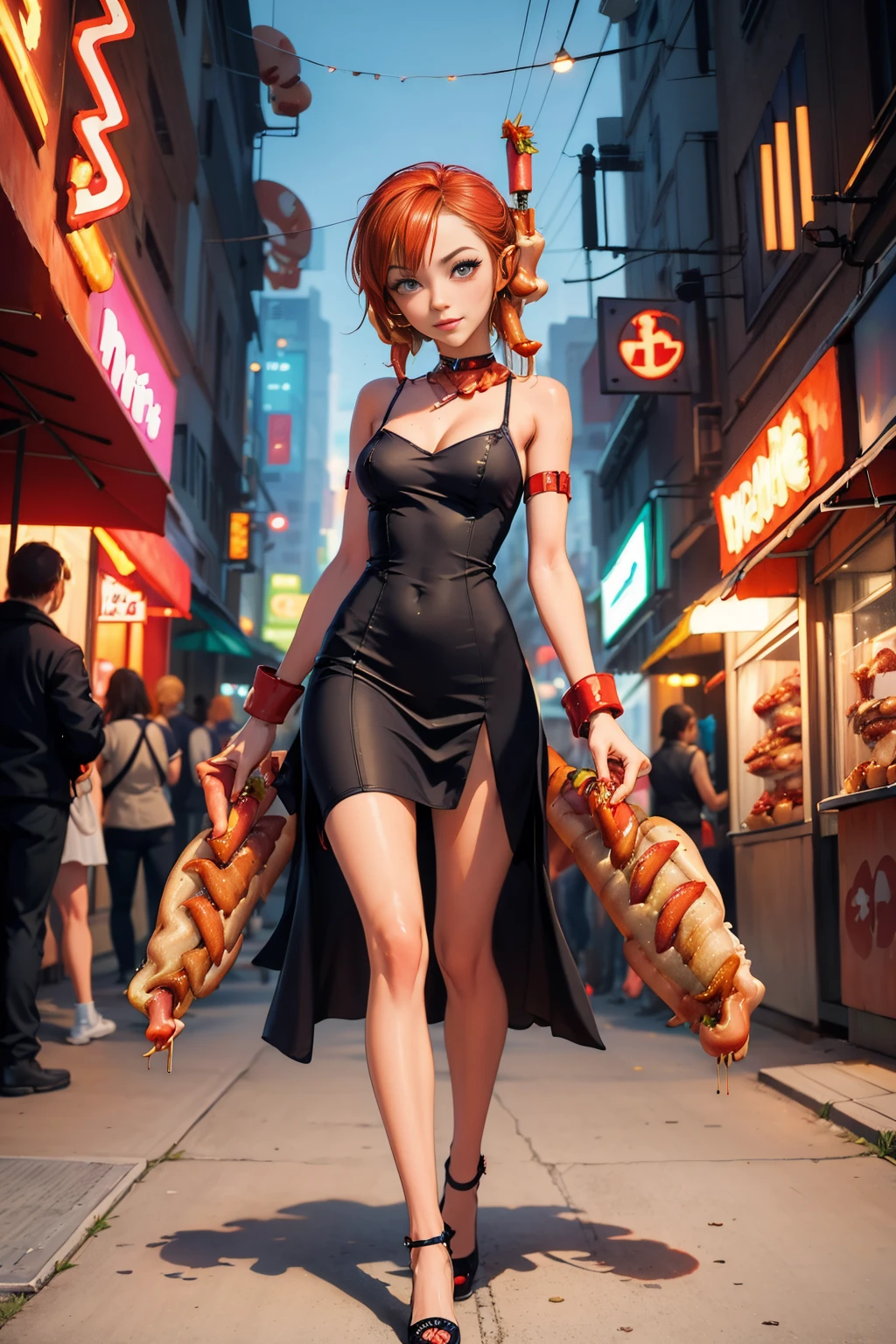 <lora:HotDogWorld:1> HotDogWorld  (1woman sexy skinny NICE dress:1.3) on the (cyber  city:1.3)