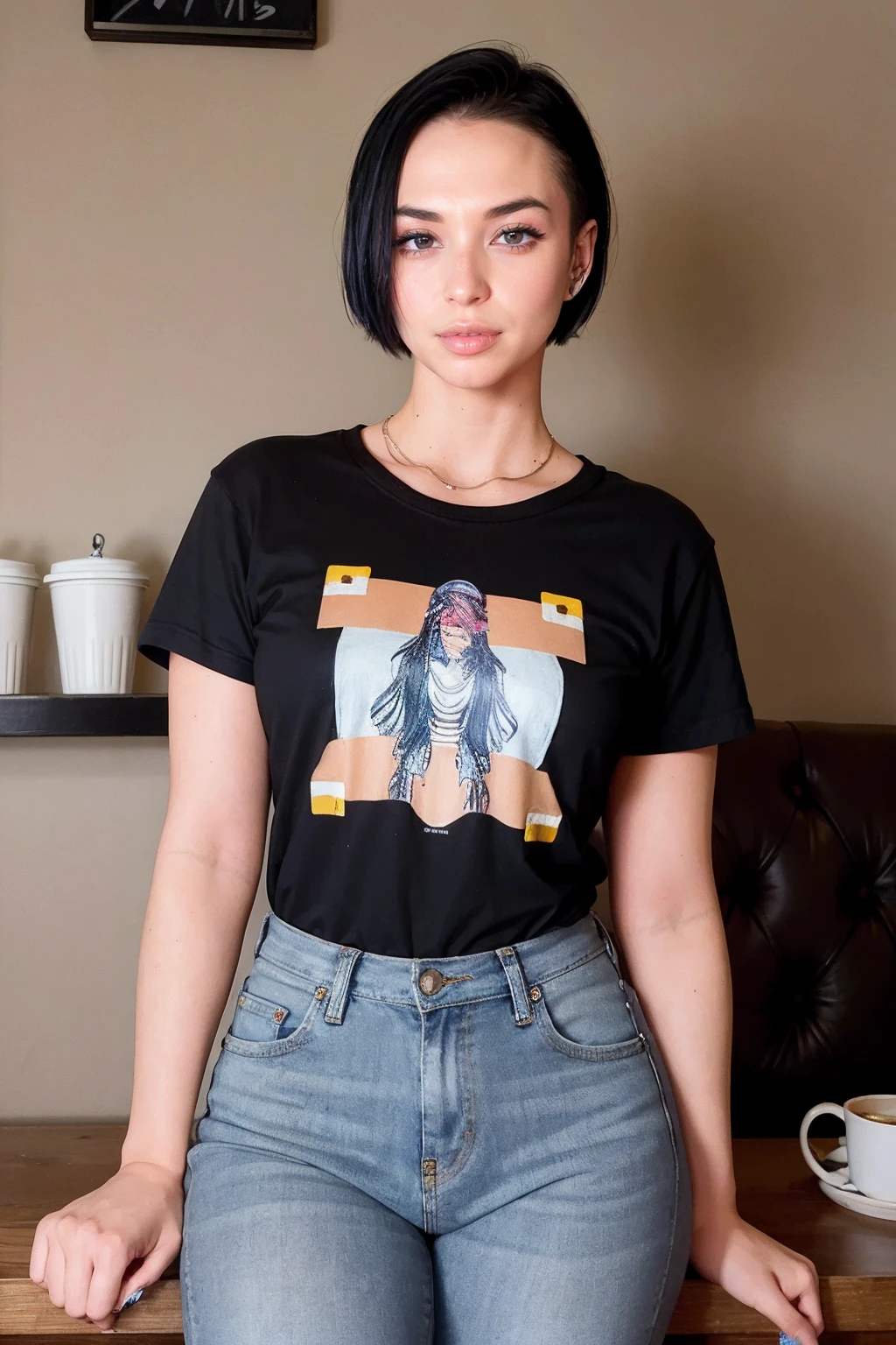 <lora:ZahraElise:0.9> ZahraElise, ,a woman wearing graphic tee and boyfriend jeans, coffee shop, (low key lighting:0.5)