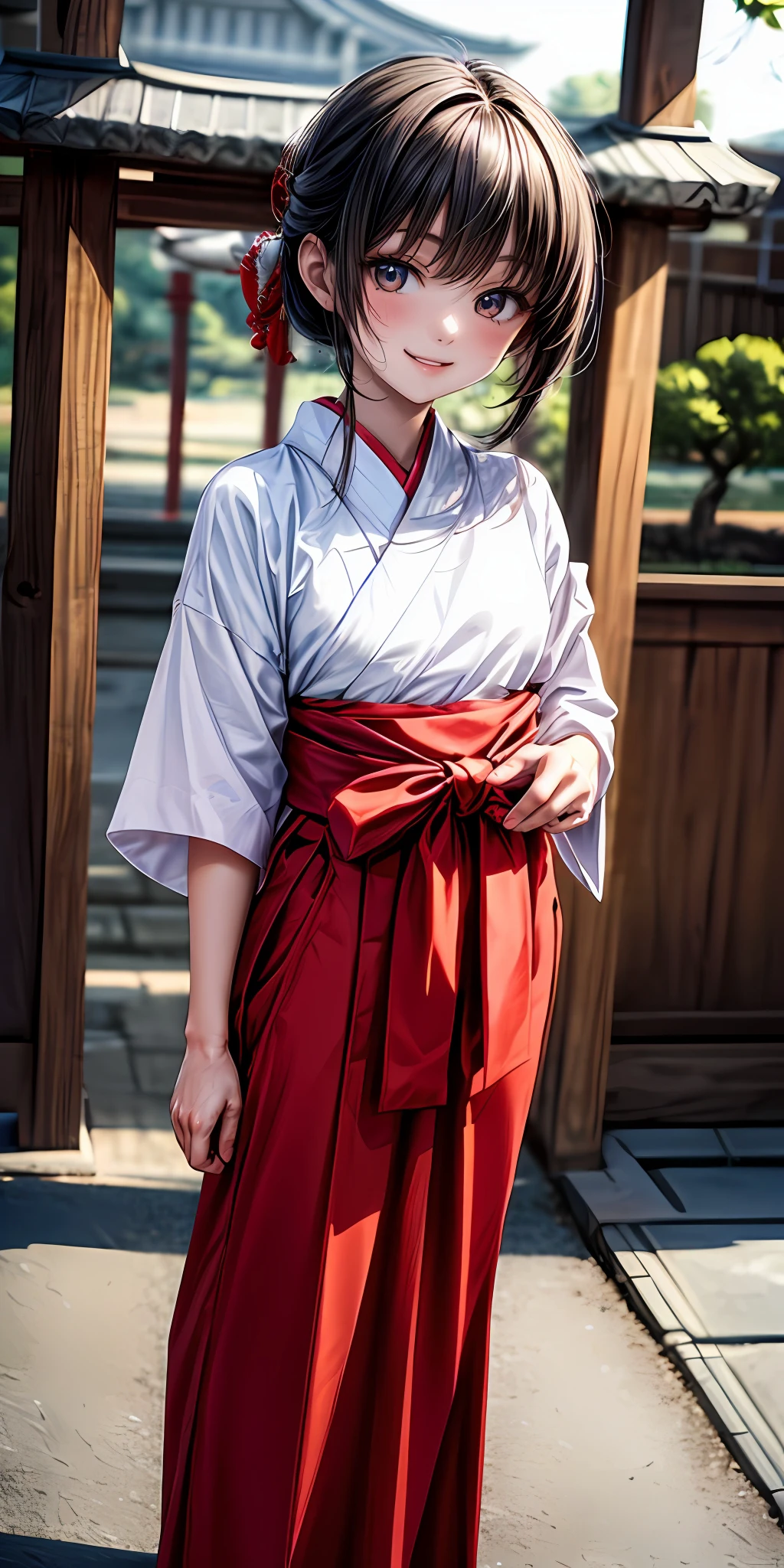 (masterpiece,ultra-detailed,best quality,8K,CG,illustration,shaved:1.0),(petite girl:1.0) <lora:more_details:1>, simple background, smile
<lora:miko v1.0:0.5> jyojifuku, miko,temple